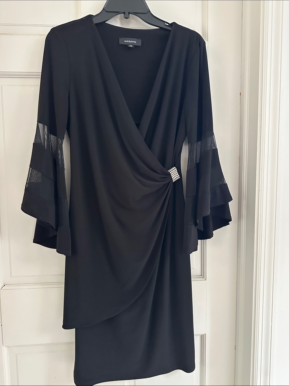 R&M Richards Black Ruched Wrap Midi Dress with Fluted Sheer-Sleeves